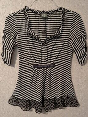One September Black & White Striped Babydoll Blouse w/ Contrast Trim, Size S